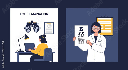 Eye Health Illustration Featuring Doctors, Tests, and Modern Diagnostic Clinic Concepts