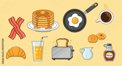 A colorful breakfast spread featuring pancakes bacon eggs toast and beverages on a yellow background, Generative AI.