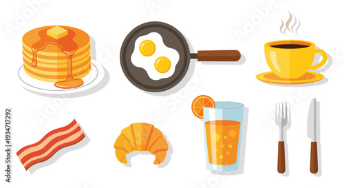 Colorful breakfast icons including pancakes eggs bacon croissant and coffee, Generative AI.