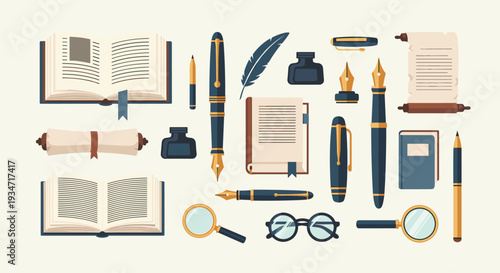 Collection of vintage writing and office supplies on a beige background including books pens pencils and glasses, Generative AI.