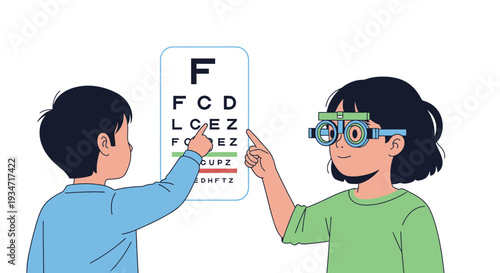 Eye Test Illustration Depicting Child Vision Exam Using Eye Chart and Diagnostic Tools