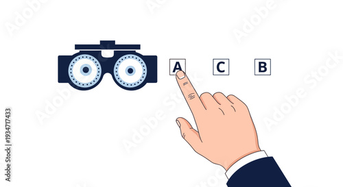 Eye Test Illustration: Hand Touching Letter A Next To Optical Equipment for Vision Checkup