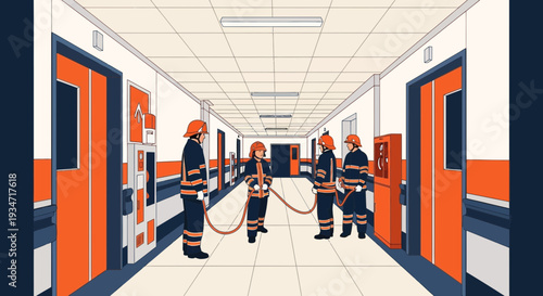 Firefighters Preparing To Act In a Corridor For a Rescue Mission Illustration