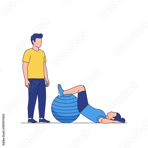 Fitness Coach Observing Patient Exercising On Stability Ball In Physical Therapy Session