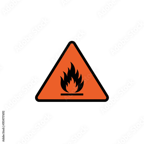 Flammable Hazard Warning Sign: Orange Triangle Illustrating Fire on a White Background