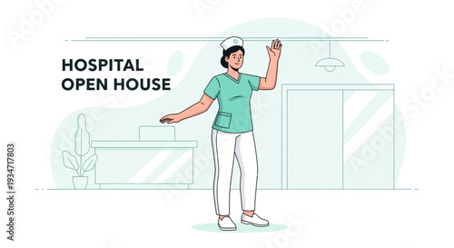 Friendly Nurse Welcomes Guests at Modern Hospital Open House with Welcoming Gesture