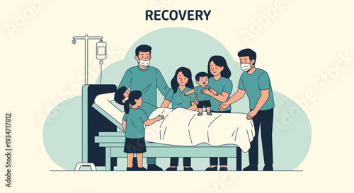 Family Gathered Around Patient For Support During Hospitalization Recovery Illustration