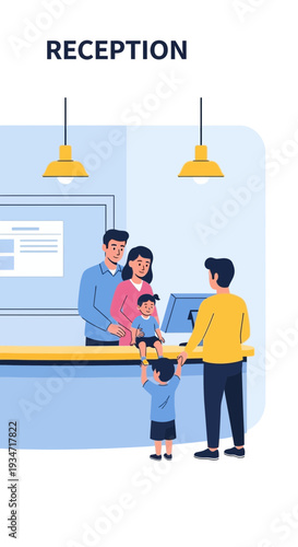Family Interacting With Receptionist At Counter, Under Lighting, Interior Design Setting Arrangement