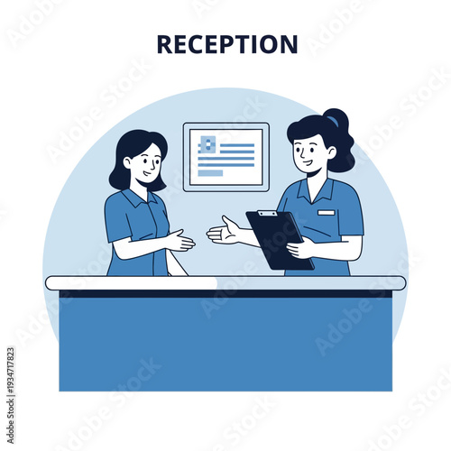 Friendly Receptionist Greeting Newcomer At Desk Offering Professional Support In A Modern Office