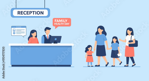 Family Health Day Reception and Families Illustrated in Modern Cartoon Style