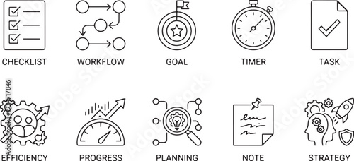 Business productivity workflow and goal planning checklist with thin line flat design vector illustration