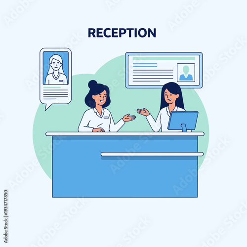 Friendly Receptionists at a Modern Desk Engage in Conversation and Patient Interaction