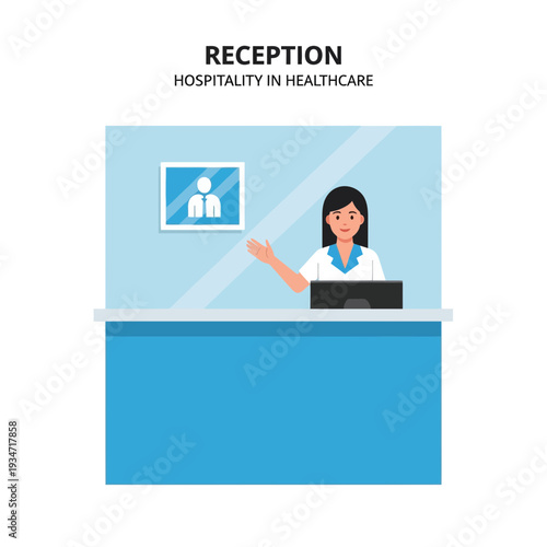 Friendly Receptionist Welcoming Patients at Modern Hospital Reception Desk Providing Great Service