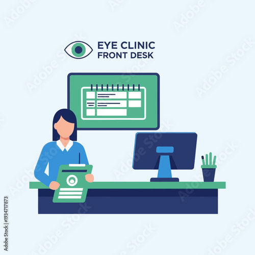 Front Desk Of Eye Clinic: Illustration Of Receptionist, Computer, And Appointment Schedule.