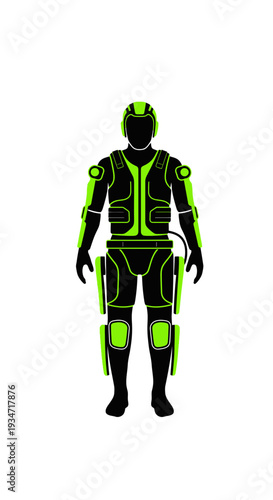 Futuristic Bodysuit Depiction Featuring Vivid Neon Green Accents on Isolated White Background