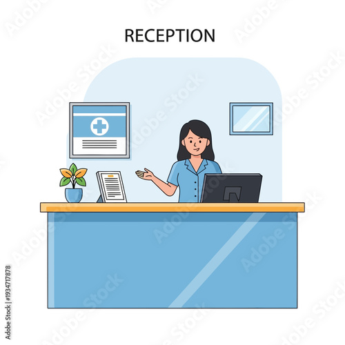 Friendly Receptionist Welcoming Guests at Modern Medical Clinic Office Interior Design