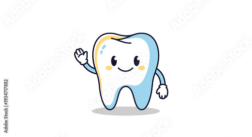 Friendly Tooth Character Waves Hello, Smiling With A Clean And Healthy Appearance