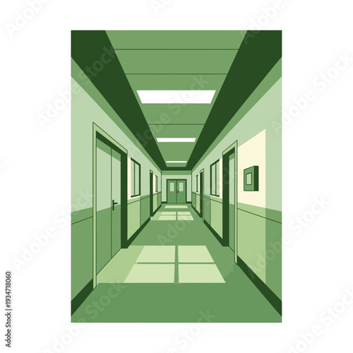 Geometric Perspective of a Corridor with Doors and Windows in a Monochromatic Green Hue