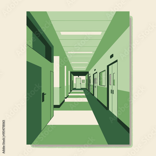 Geometric Interior Perspective Of A Long Corridor With Doors And Striped Flooring