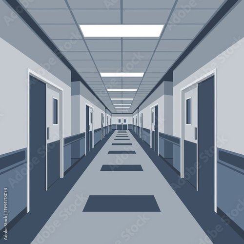 Geometric Perspective of a Corridor with Doors, Emphasizing Architectural Symmetry and Depth
