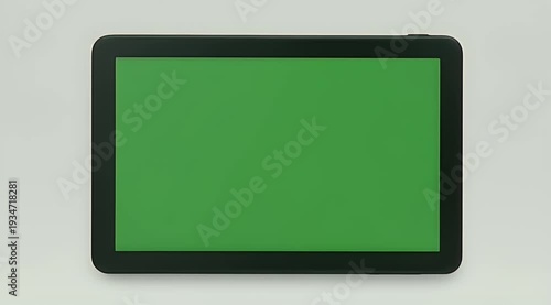 A black tablet with a blank green screen rests on a plain, light background