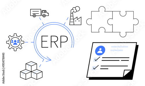 ERP acronym with logistics, factory, puzzle pieces, document checklist, and gear icon. Ideal for workflow optimization, resource planning, logistics management, team coordination manufacturing