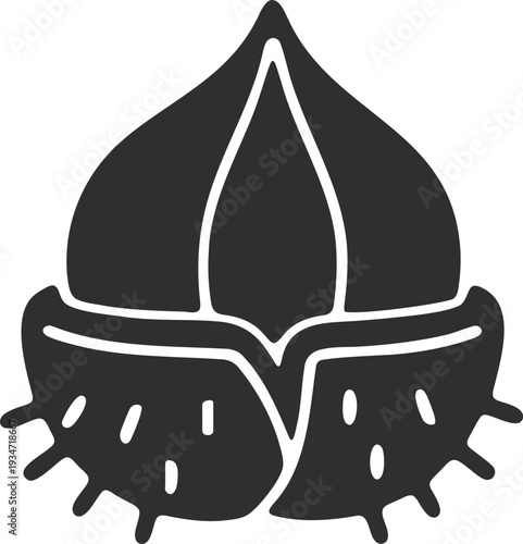 Black silhouette icon of a horse chestnut (conker) pod opening to reveal nuts