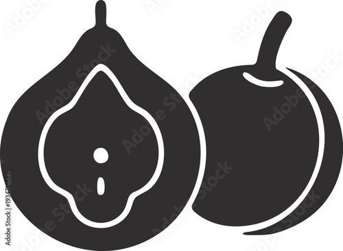 Black silhouette of a whole pear and a halved pear with a pit, on white background