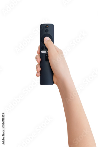 Close up of hand using wireless tv remote controller transparent background