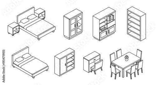 Collection of Isometric Furniture Line Drawings.