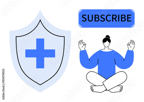 Health, self-care, subscriptions, wellness, mindfulness, protection. Blue shield with a cross, yoga figure meditating subscribe banner. Health and self-care concept for digital subscriptions