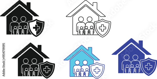 Family medical insurance or home health protection.  Family silhouette within a house shape, paired with a shield containing a medical cross. are, protection, and family values. 