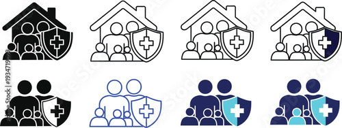 Family medical insurance or home health protection.  Family silhouette within a house shape, paired with a shield containing a medical cross. are, protection, and family values. 