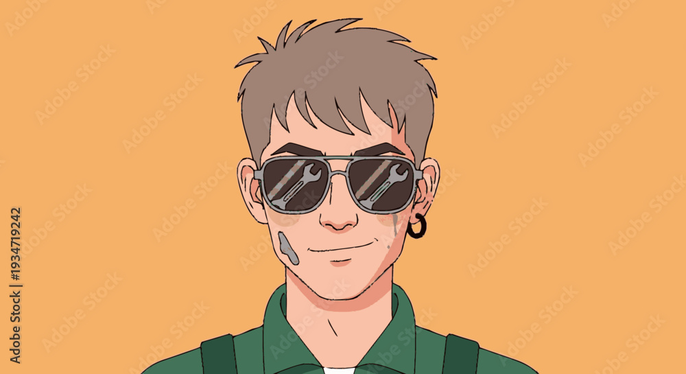 Fototapeta premium Cartoon portrait of a man with sunglasses and a green shirt against orange background