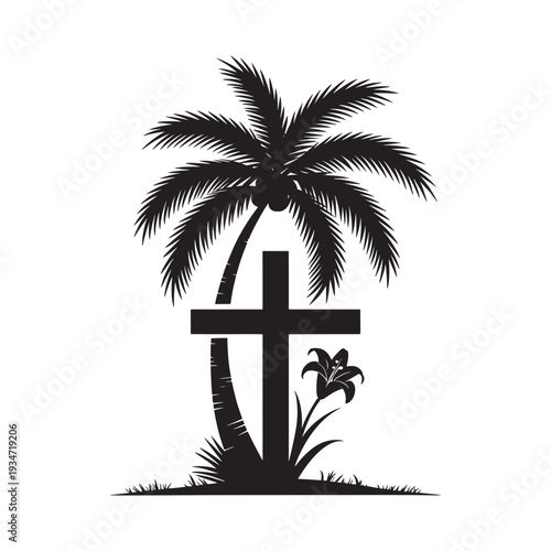 Easter day celebration under palm tree with cross