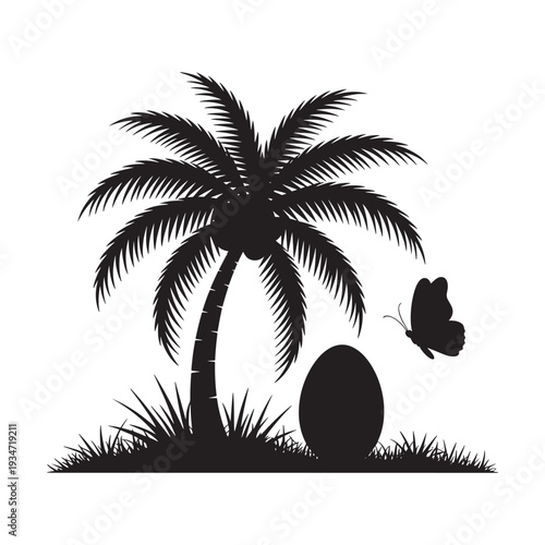 Easter day celebration under palm tree with easter egg and butterfly