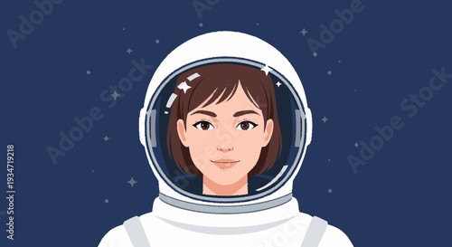 Astronaut portrait woman looking forward in space helmet against a starry background