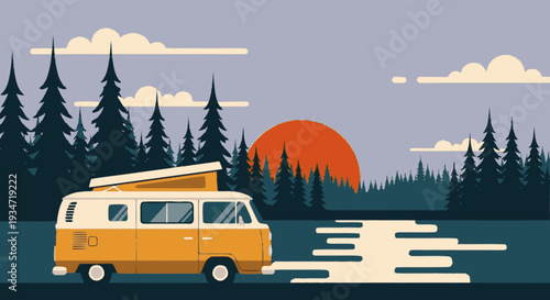 Camping van silhouette with scenic forest landscape and sunset illustration
