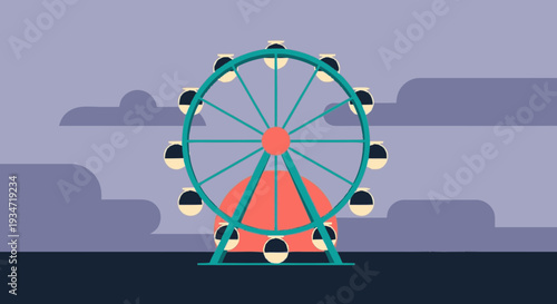Cartoon ferris wheel silhouette against sunset and cloudy sky background