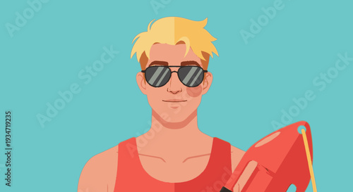 Cartoon lifeguard holding rescue can against a blue background