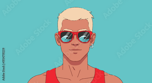 Cartoon man with sunglasses on blue background summer illustration