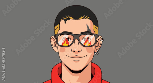 Cartoon portrait of a man wearing glasses with fire reflection against grey background
