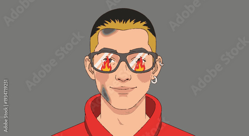 Cartoon portrait of a person wearing glasses with flames reflecting in lenses
