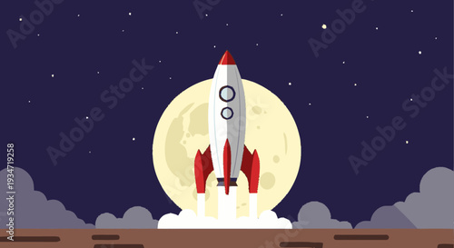 Cartoon rocket ship launching at night in front of a big full moon