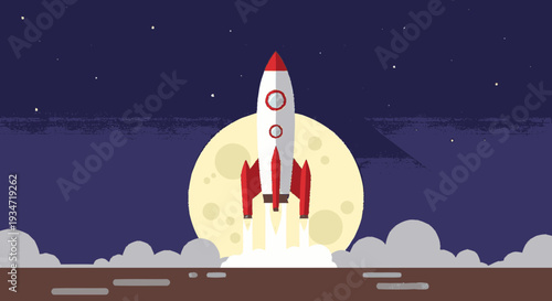 Cartoon rocket ship launch against night sky and full moon