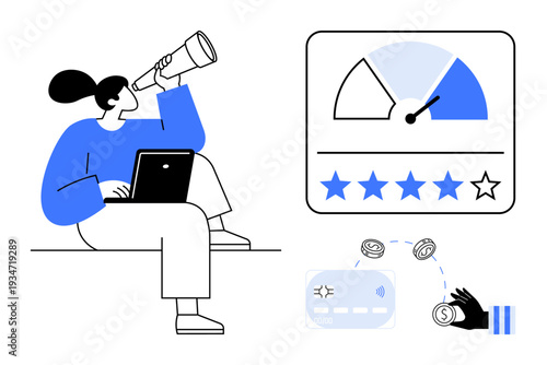 Customer satisfaction concept. Customer feedback drives business updates with satisfaction ratings and financial transaction insights. Customer-centric strategies optimize service delivery. Ideal