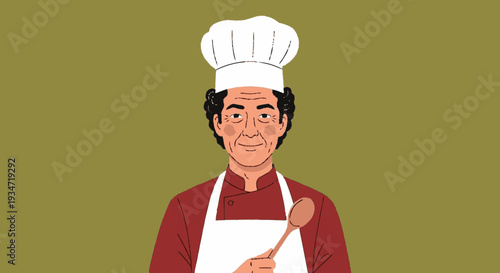 Chef holding wooden spoon portrait against olive green background