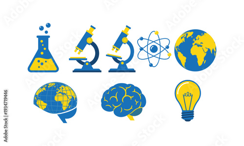 Science and innovation icons depicting research earth and the human brain