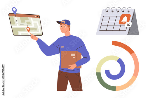 Logistics, delivery service, e-commerce solutions, tracking systems, time management, data analytics. A courier holding a package, interacting with a map calendar and chart. Logistics and delivery