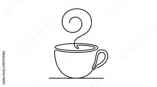 Tea Cup with Steam One-Line Icon, Single Continuous Line Open Spiral Minimal Outline